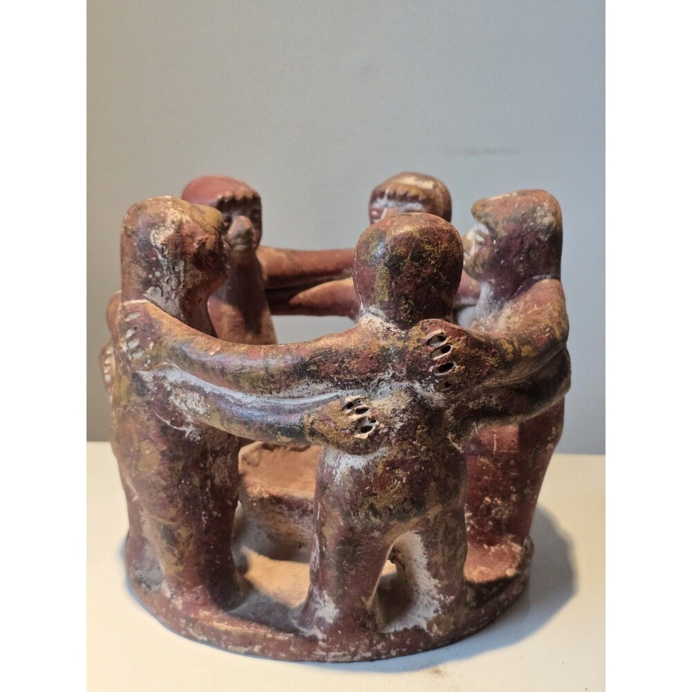 Mexican Folk Art Terracotta Circle of Friends Smudge Pot Candle Holder